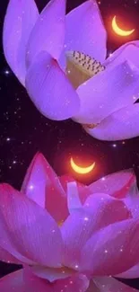 Cosmic wallpaper with glowing lotus and crescent moons.