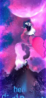 Cosmic dreamscape with pink heart and figures in space.