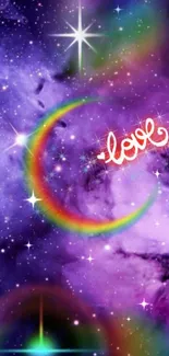 Vibrant cosmic wallpaper with rainbow crescent and stars in purple galaxy.