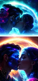 Starry cosmic couple kissing in colorful galaxy.