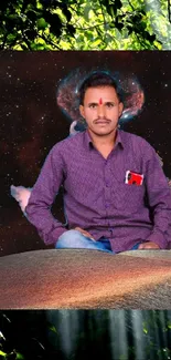 Man sitting against cosmic backdrop in nature