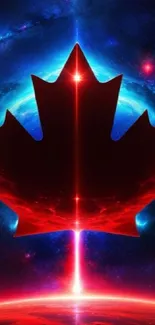 Glowing red maple leaf with cosmic blue background.