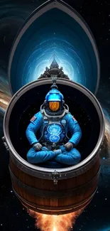 Astronaut meditating inside a barrel amidst a swirling galaxy.