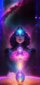 Cosmic meditation digital art with vibrant purples and blues.