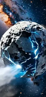 Asteroid cracking with blue lightning in space.