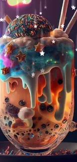 Cosmic milkshake wallpaper with stars and vibrant colors in a glass.