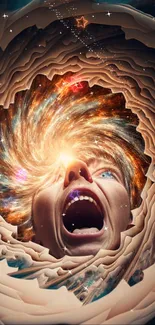 Surreal wallpaper depicting a cosmic explosion emerging from a shouting face.