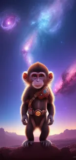 A cute monkey stands under a vibrant starry galaxy sky.