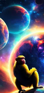 Monkey sitting against a cosmic galaxy backdrop with planets.