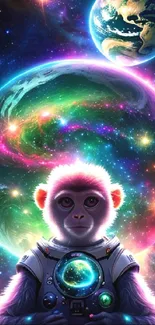 Colorful cosmic monkey in space suit with vibrant galaxy backdrop.