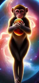 Monkey holding a glowing orb in space with a galaxy backdrop.