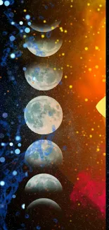 Vibrant cosmic wallpaper with moon phases and space elements in orange hues.