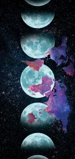 Artistic wallpaper with moon phases and cosmic colors in a dark space background.