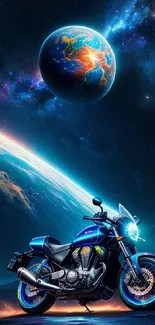 A motorcycle set against a cosmic galaxy with Earth visible in the background.