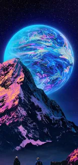 Vibrant cosmic mountain scene with a surreal blue moon.