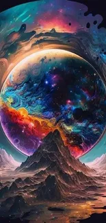 Vibrant cosmic fantasy art featuring colorful planets and mountains.