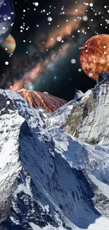 Surreal mountain and space scene with planets in a cosmic fantasy setting.