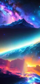 Vibrant cosmic mountain galaxy wallpaper with colorful skies.