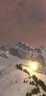 Snowy mountains under cosmic dusk glow with a rising planet.