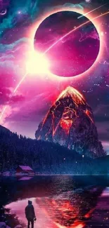 Purple cosmic wallpaper with mountain and eclipse.