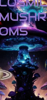 Mystical cosmic mushrooms with planets, vibrant purple theme.