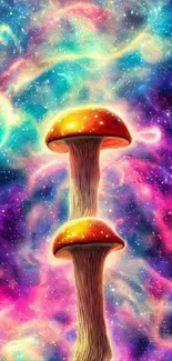 Vibrant cosmic mushroom art with a galaxy theme, perfect for mobile wallpaper.