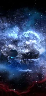 A mesmerizing cosmic nebula with stars and a distant planet in deep space.