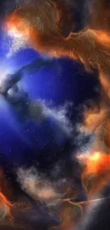 Vibrant cosmic nebula wallpaper with blue and orange hues for mobile.