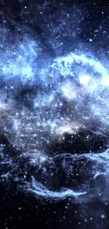 Stunning cosmic nebula wallpaper with stars and blue interstellar clouds.