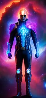 Futuristic superhero in neon, cosmic background.