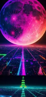 Vibrant cosmic neon moon wallpaper over a futuristic city at night.