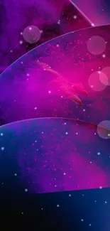 Vibrant cosmic neon wallpaper with purple and pink hues.