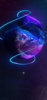 Vibrant neon planet in space with swirling blue and purple hues.