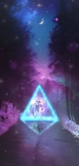 Futuristic scene with neon-lit astronaut and triangle under a starry purple sky.