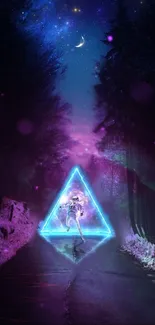 Neon triangle with cosmic scene and figure in vibrant colors.