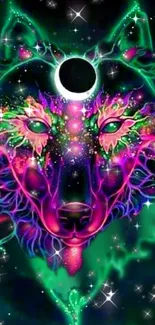 Neon cosmic wolf with lunar and star elements in vibrant colors.