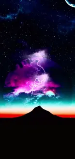 Cosmic night wallpaper with mountain silhouette and vibrant colors.