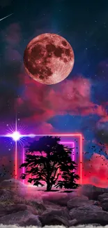 Cosmic landscape wallpaper with moon, neon lights, and starry sky.