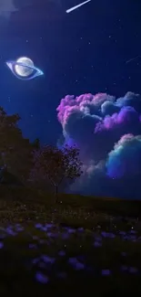 Vibrant cosmic night sky with glowing planet and colorful clouds.