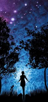 Silhouette of person under starry cosmic night sky with trees.