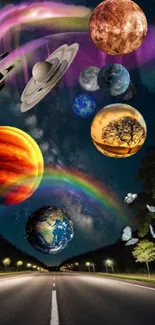 Surreal cosmic wallpaper with planets, rainbow, and glowing night road.