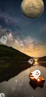 Ghostly night scene with a starry sky, lake reflection, and campfire in a boat.