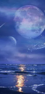 Cosmic ocean wallpaper with moon and galaxy over a reflective sea.