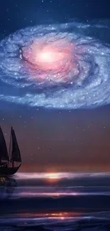 Sailing boat under a swirling galaxy with stars in the night sky.