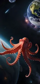 Octopus in space with planets as mobile wallpaper.