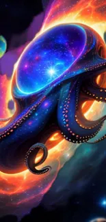 A vibrant cosmic octopus floating in a galaxy space-themed mobile wallpaper.