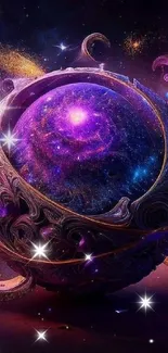 Purple cosmic orb surrounded by swirling galaxies and stars.