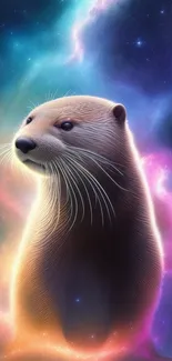 A whimsical otter surrounded by colorful cosmic nebulas, perfect for phone wallpaper.