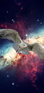 Owl flying against a vibrant galaxy backdrop with stars.