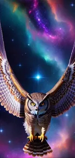 Owl soaring in a vibrant cosmic galaxy with colorful nebulae.